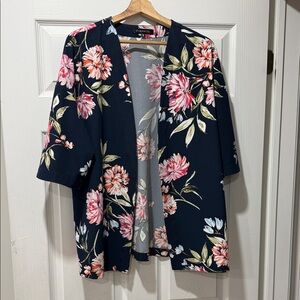 Dynamite Navy Floral Open Cardigan with Pink Blooms